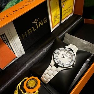 Authentic Stuhrling White Ceramic Watch, Original Box Documents Stührling Swiss